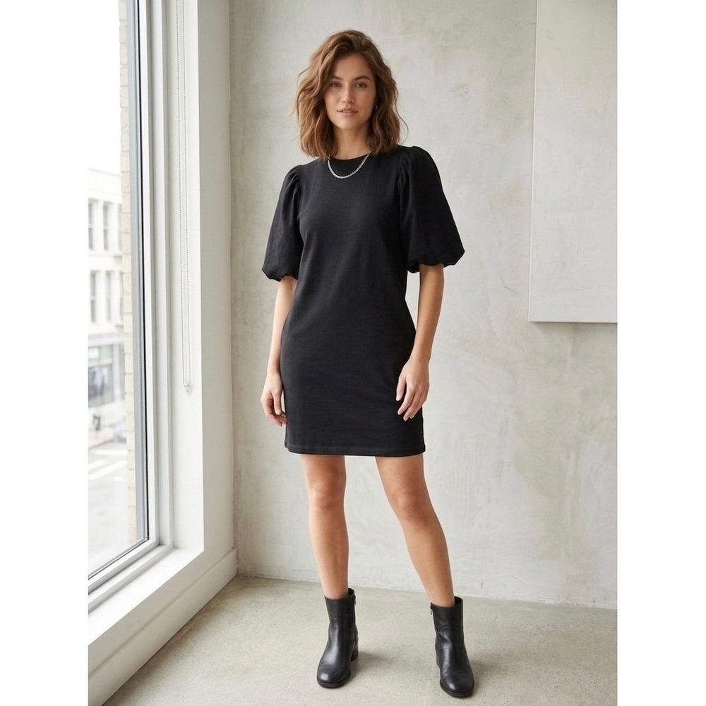 Zara Black Cotton Puff Sleeve Sweatshirt Mini Dress Large Crew Neck Short Sleeve